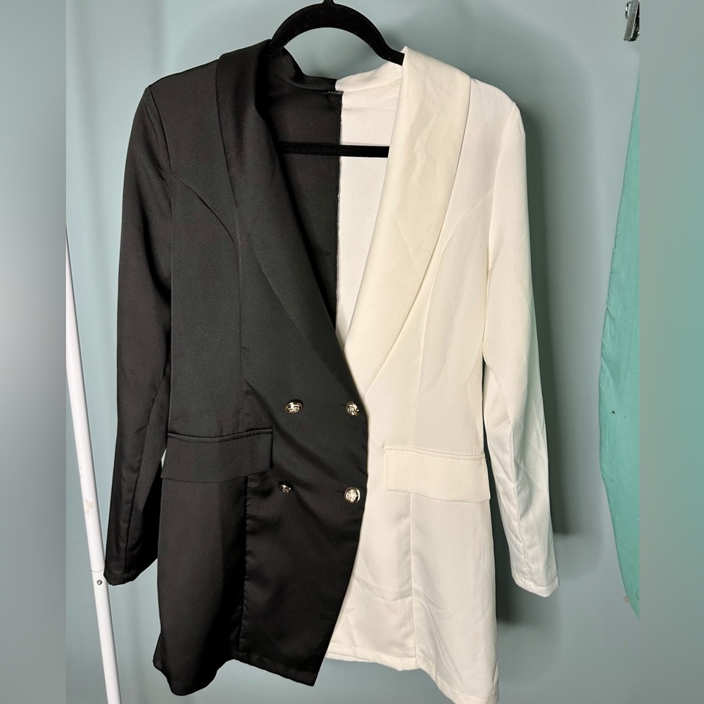 Black & White Colorblock Double Breasted Blazer Jacket Size L SHEIN